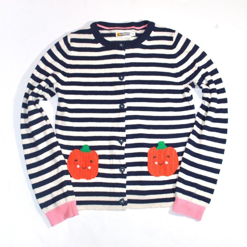 Mini Boden Navy & White Striped Cardigan with Pumpkin